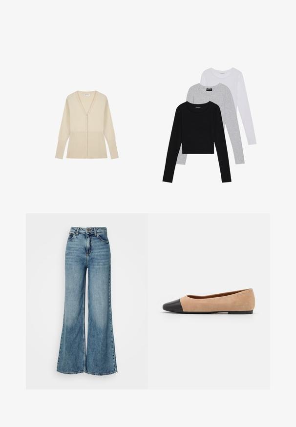Beige Strickcardigan mit V-Ausschnitt, sechs Knöpfen auf der Vorderseite und geripptem Textil am unteren Teil und den Ärmeln.; Drei langärmelige Oberteile gestapelt: schwarz, grau und weiß. Jedes hat einen runden Halsausschnitt und ein kurzes Design aus glattem, leichtem Stoff.; Hoch taillierte, hellblaue weite Jeans mit Fronttaschen und Knopfverschluss, vor einem schlichten weißen Hintergrund gezeigt.; Beige Wildleder Ballerina mit einer runden Zehenkappe aus schwarzem Leder, niedrigem Absatz und glatter Textur, mit minimaler Nahtverarbeitung und klarem Design.