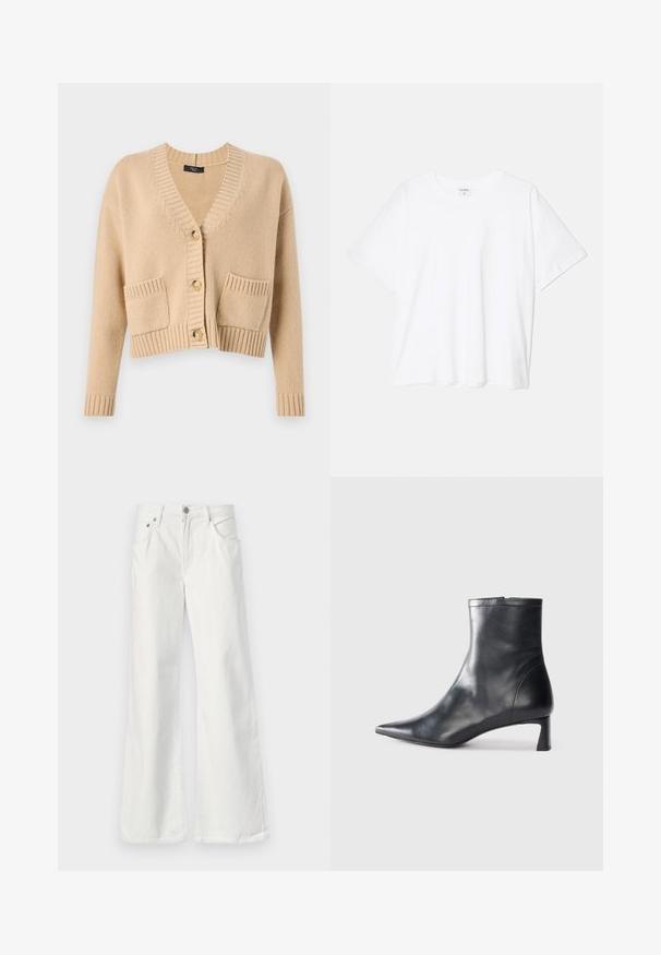 Weekend Max Mara ARAD - Strickjacke - sabbia; Weißes Baumwoll-T-Shirt mit kurzen Ärmeln, runder Halslinie, lockerer Passform und genähtem Saum. Etikett sichtbar am inneren Kragen.; Weiße, ausgestellte Jeans aus Denim mit hoher Taille, Fünf-Taschen-Design und sichtbaren Nähten. Enthält einen Metallknopf und einen Reißverschluss.; Schwarze Lederstiefelette mit spitzer Zehe und schlankem Design. Verfügt über einen niedrigen Absatz und einen Reißverschluss hinten. Glatte Textur.