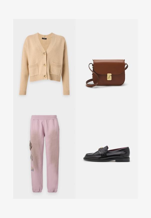 Weekend Max Mara ARAD - Strickjacke - sabbia; Weißes kurzärmliges T-Shirt aus geripptem Stoff. Runder Halsausschnitt, normale Passform und dezente Nähte. Keine Muster oder Grafiken.; Rosa Sweatpants mit elastischem Bund, verziert mit dekorativen Patches in Diamantform auf der linken Seite und elastischen Bündchen an den Knöcheln.; Schwarze Lederloafers mit einem gestickten Muster, glatter Textur, goldenen Schnallendetails und einer runden Zehenform, auf einer niedrigen schwarzen Sohle.; Braune Ledertasche mit Klappenverschluss, Beschlägen in Goldfarbe, einem Schultergurt und einer glatten Oberfläche. Kompakte rechteckige Form.