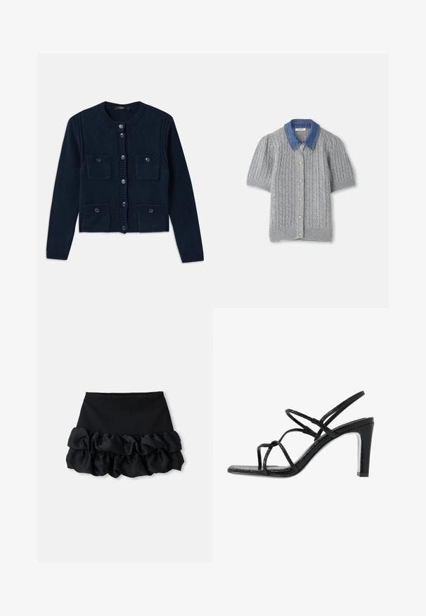 Cardigan tricotat bleu marin, cu guler rotund, închidere cu nasturi, detalii cu nervuri și două buzunare frontale cu clapete.; Cardigan tricotat gri, cu mânecă scurtă și model în cabluri, având un guler din denim și cinci nasturi aurii în față.; Fustă mini neagră cu un top ajustat și trei straturi de material plisat în partea de jos, având o textură netedă și linii curate.; Sandale negre cu toc, cu barete subțiri, finisaj texturat, vârful deschis și un design elegant al tocului ascuțit. Au o talpă interioară netedă și o suprafață strălucitoare.