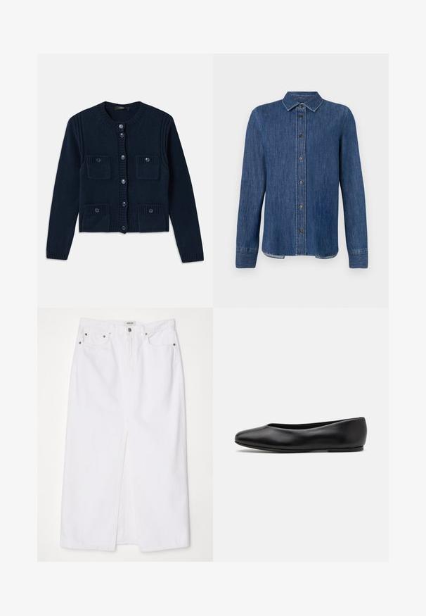 Merensinavy sininen neulecardigan, jossa on pyöreä pääntie, nappilukitus, ribbitetyöt ja kaksi etutaskua läpillä.; Tummansininen farkkupaita pitkillä hihoilla, napitettava etuosa, klassinen kaulus ja näkyvät ompeleet. Sisältää suoran helman, jossa on lievä kaarevuus sivuilla.; Valkoinen farkuhame, jossa on etuläppä, viisi taskua, metallivaihteet ja vetoketjukiinnitys sekä ommeltu helmadetails.; Paul Smith TOPANGA - Ballerinat - black
