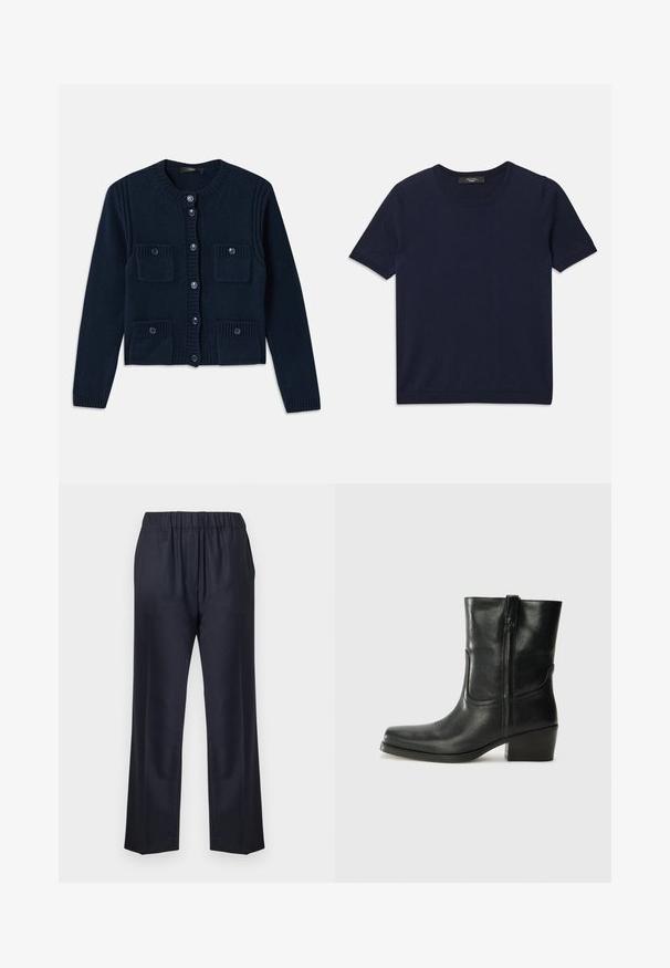 Navy blue knitted cardigan featuring a round neckline, button closure, ribbed accents, and two front pockets with flaps.; Navy blue short-sleeve T-shirt made of soft fabric, featuring a round neckline and ribbed edges, smooth texture, and no visible patterns.; Navy blue trousers with an elastic waistband, straight-leg design, smooth texture, and no visible patterns.; Black leather ankle boot with a rounded toe, block heel, side zipper, and stitching accents on the vamp. Smooth texture, classic design.