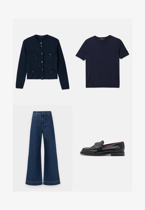 Granatowy sweter z dzianiny z okrągłym dekoltem, zapięciem na guziki, prążkowanymi akcentami oraz dwiema przednimi kieszeniami z klapkami.; Granatowa koszulka z krótkim rękawem, wykonana z miękkiego materiału, z okrągłym dekoltem i prążkowanymi krawędziami, gładka tekstura, bez widocznych wzorów.; Szerokie dżinsy w kolorze niebieskim z wysokim stanem, z zapięciem na guzik, szlufkami na pasek oraz subtelnymi detalami stębnowania wzdłuż kieszeni i brzegów.; Czarne skórzane mokasyny z przeszywanym wzorem, gładką teksturą, złotym zapięciem i zaokrąglonym czubkiem, osadzone na niskiej czarnej podeszwie.