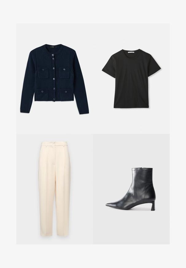 Navy blue knitted cardigan featuring a round neckline, button closure, ribbed accents, and two front pockets with flaps.; Black short-sleeve crew neck cotton T-shirt laid flat on white background with visible brand label inside collar.; Beige tailored trousers with a straight fit, featuring pleats at the front, a smooth texture, and a mid-rise waist. No visible pockets.; Black leather ankle boot with a pointed toe and a sleek design. Features a low heel and a zipper closure at the back. Smooth texture.