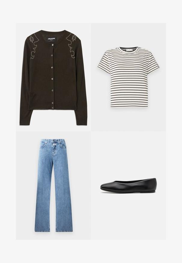 Tmavě hnědý svetřík z měkké tkaniny, s kulatým výstřihem, dlouhými rukávy a dekorativními rhinestonovými kamínky podél ramen.; Bavlněné tričko s krátkým rukávem a kulatým výstřihem, s černými vertikálními pruhy na bílém pozadí a s rovného střihu.; Světle modré džíny s širokým střihem, pěti kapsami, poutky na opasek a zapínáním na knoflík. Látka má hladkou texturu.; Paul Smith TOPANGA - Klasické baleríny - black