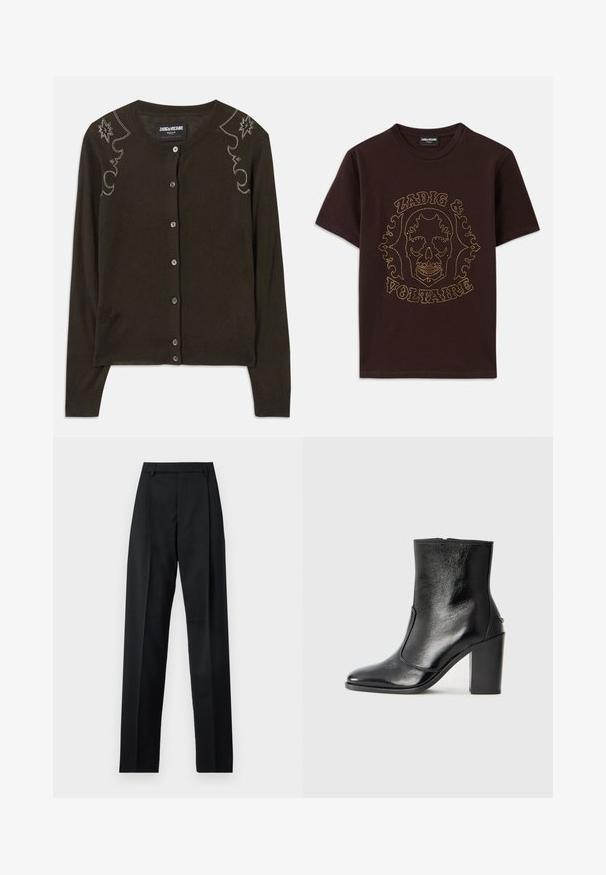 Tamno smeđa kardigan napravljena od mekog materijala, sa okruglim izrezom, dugim rukavima i dekorativnim kristalićima duž ramena.; Crna majica od pamuka, s grafikom lubanje obrubljenom zlatnim zakovicama, uz tekst "Zadig & Voltaire", kratki rukavi i okrugli izrez.; Crne hlače od glatkog materijala s visokim strukom, širokim nogavicama, prednjim pregibima i klasičnim petljama za remen. Nema vidljivih bočnih džepova.; Crna kožna čizma do gležnjeva s glatkom teksturom, špicastim vrhom i debelim visokim potpeticama. Ima bočni otvor i minimalistički dizajn.
