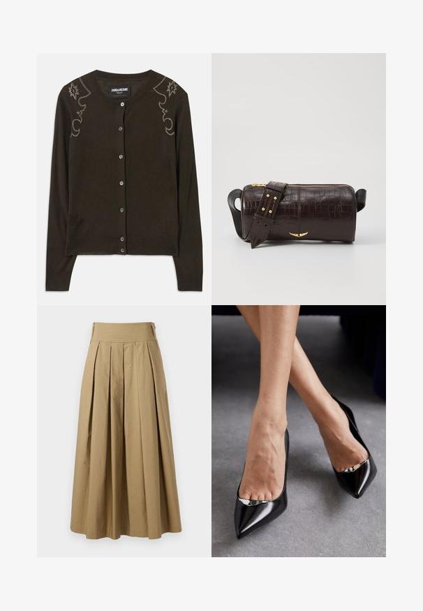 Cardigan marrón oscuro hecho de una tela suave, con un escote redondo, mangas largas y piedras de strass decorativas a lo largo de los hombros.; Camiseta de tirantes gris acanalada con un diseño ajustado, sisas anchas y un escote redondeado. Fabricada en suave algodón con una textura lisa.; Falda plisada color caqui con una cintura alta, hecha de algodón. Presenta un diseño fluido y el dobladillo se termina con detalles de costura sutiles.; Zapatos de tacón alto de cuero negro con punta afilada y diseño abierto, que presentan un acento decorativo plateado. Textura suave con acabado pulido.; Bolso de cuero marrón con estampado de cocodrilo, de forma cilíndrica, con herrajes en tono dorado y una correa desmontable con tachuelas.