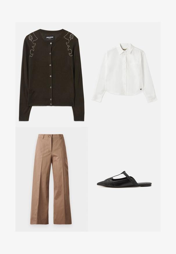 Dark brown cardigan made of soft fabric, featuring a round neckline, long sleeves, and decorative rhinestones along the shoulders.; White cropped long-sleeve shirt made of cotton. Features a button-up front, a chest pocket, and a small black logo on the bottom left.; Brown wide-leg trousers made from a smooth fabric, featuring a front button closure, two front pockets, and clean, tailored lines.; Black leather slingback shoe with a pointed toe, featuring a woven accent and pleated upper design. Flat sole with minimal hardware.