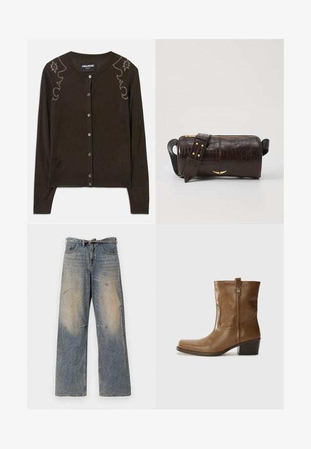 Temno rjava kardigan iz mehkega blaga, s poudarjenim okrogllim ovratnikom, dolgimi rokavi in dekorativnimi kamenčki vzdolž ramenskih delov.; Dolga majica v svetlo bež barvi s okroglim izrezom. Narejena iz mehkega materiala, ima osrednji šiv in rahlo ukrivljen rob. Ni vidnih elementov.; Svijetloplave traperice s labavim ravnim krojem. Imaju izbledele detalje, tragove habanja i oštećenja u području koljena. Klasičan stil s pet džepova.; Rjave usnjene gležnjarje s kvadratnim nosom, teksturirano površino in nizko kvadratno peto. Imajo zadnji trak za enostavno obuvanje in subtilne šivane detajle.; Brah blaženka iz rjavega usnja z embosiranim krokodilom, cilindrične oblike, zlatih kovinskih elementov in odstranljivim pasom, ki vsebuje žebljičke.
