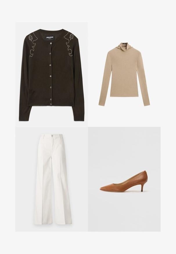 Ciemnobrązowy kardigan wykonany z miękkiego materiału, z okrągłym dekoltem, długimi rękawami oraz dekoracyjnymi cyrkoniami na ramionach.; Beżowa bluzka z długim rękawem i dekoltem w łódkę, uszyta z miękkiej, gładkiej tkaniny. Prosty krój, bez wzorów ani dodatkowych akcentów.; Białe spodnie typu wide-leg wykonane z bawełny o gładkiej fakturze. Posiadają zapięcie na guzik z przodu, zamek błyskawiczny oraz cztery kieszenie.; Lauren Ralph Lauren ADRIENNE brązowy