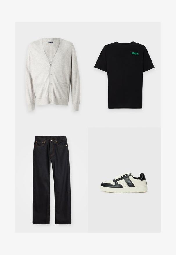 GAP CASH SOFT - Ζακέτα - grey; Μαύρη μπλούζα φτιαγμένη από βαμβάκι με κοντά μανίκια. Διαθέτει το πράσινο λογότυπο "ROOTS" μπροστά, στρογγυλή λαιμόκοψη και κανονική εφαρμογή.; Ανδρικό τζιν παντελόνι σε ευθεία γραμμή, μαύρου χρώματος, με πέντε τσέπες και πορτοκαλί ραφές, με κουμπί και φερμουάρ στον μπροστινό ιμάντα.; Δερμάτινα sneakers με μαύρο και κρεμ χρωματικό σχέδιο, με διάτρητες λεπτομέρειες, επενδεδυμένο κολάρο και υφή στη σόλα.