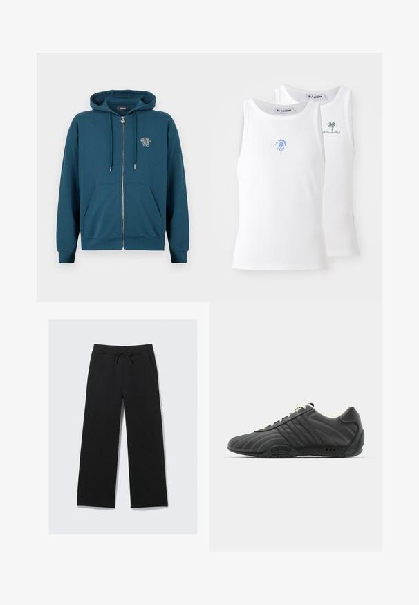 Teal zip-up hoodie with a kangaroo pocket, drawstring hood, and a silver lion head logo on the upper left chest. Soft, cotton blend material.; Two white tank tops, ribbed texture, featuring blue and green embroidered logos. One has a sun design, the other a palm tree.; Black wide-leg sweatpants made from a soft fabric. Features an elastic waistband with a drawstring and side pockets. Smooth texture.; adidas Originals ADIRACER UNISEX - Trainers - core black/cream white