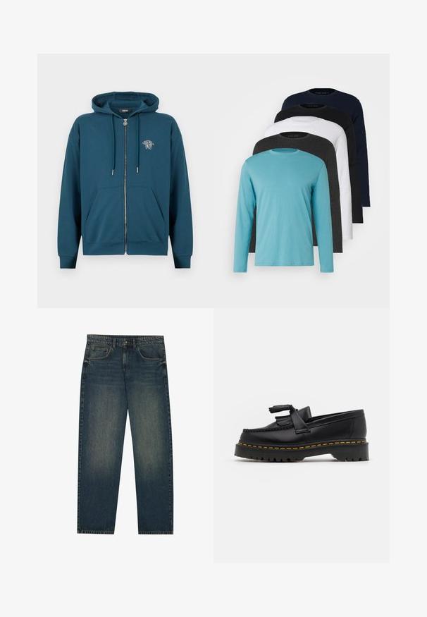 Türkizkék cipzáros kapucnis pulóver kenguruzsebbel, húzózsinóros kapucnival és ezüst oroszlánfej logóval a bal felső mellrészen. Puha, pamutkeverék anyagból.; Öt hosszú ujjú póló egymás mellett: türkiz, fekete, fehér, sötétszürke és tengerészkék. Puha anyag, kerek nyakkivágású kialakítás és standard fit.; Sötétkék farmernadrág egyenes szabással, öt zsebes dizájnnal és enyhén kopott textúrával a lábakon. Kényelmes viselet mindennapi használatra.; Fekete bőr mokaszin, rojtos díszítéssel, masszív fekete talppal és sárga varrással az élén. Texturált felület.