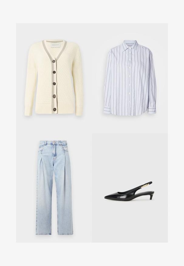 Cardigan crem cu un model texturat, de tip V, cu margini din bumbac gri închis, și cinci nasturi negri pe partea din față. Material moale, mâneci lungi.; Cămașă albă cu dungi verticale înguste bleumarin, cu închidere prin butoane, guler ascuțit, mâneci lungi cu manșete cu butoane, material moale, croială lejeră.; Jeans din denim albastru deschis cu talie înaltă, croială evazată, două buzunare laterale și un design pliat. Textură moale cu un finisaj decolorat.; Sandale slingback din piele neagră cu vârf ascuțit, având un toc subțire și un accent de culoare aurie pe curea ajustabilă. Textură netedă.