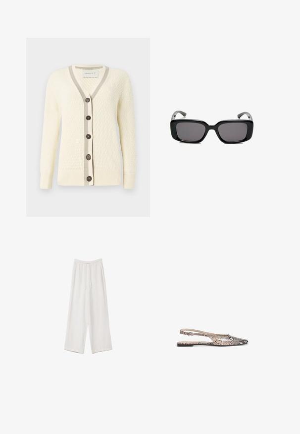 Kremni kardigan z teksturiranim vzorcem, V-izrezom, kontrastnim sivim rebrastim robom in petimi temnimi gumbi spredaj. Mehka tkanina, dolgi rokavi.; Bela dolga majica s dolgimi rokavi iz rebraste tkanine, ki ima okroglo ovratnico in ravno rob. Preprost, enobarven dizajn.; Bele široke hlače iz lahkega materiala. Imajo elastičen pas s vrvico in stranske žepe. Gladka tekstura.; Slingback balerinke z vzorcem kače v odtenkih bež in črne, s koničastim nosom in tankim gležnjarjem.; Črne pravokotne sončne očala z temnimi lečami, gladkim plastičnim okvirjem in ukrivljenimi nogicami. Oblika je robustna in minimalistična.