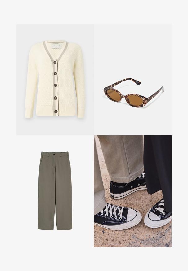 Cremefarbener Cardigan mit texturiertem Muster, V-Ausschnitt, kontrastierendem grauen Rippenbesatz und fünf dunklen Knöpfen auf der Vorderseite. Weicher Stoff, lange Ärmel.; Weißes Langarm-T-Shirt aus Baumwolle. Es hat einen klassischen Rundhalsausschnitt und abfallende Schulternähte, mit einer glatten, einfarbigen Textur.; Weite Hosen in olivgrünem Stoff, mit einem Knopfverschluss, Vorderaschen und einer glatten, leicht strukturierten Oberfläche.; Schwarze Segeltuch-Sneaker mit weißen Gummi-Zehenkappen und Schnürsenkeln. Kontrastnähte und Metallösen geben dem Schuh Detail. Getragen mit beigen Hosen und einem schwarzen Stoff.; Sonnenbrille aus Schildpatt mit ovalen Gläsern, braun getönt, dünnen Bügeln mit strukturiertem Muster, leichtem Kunststoffrahmen.