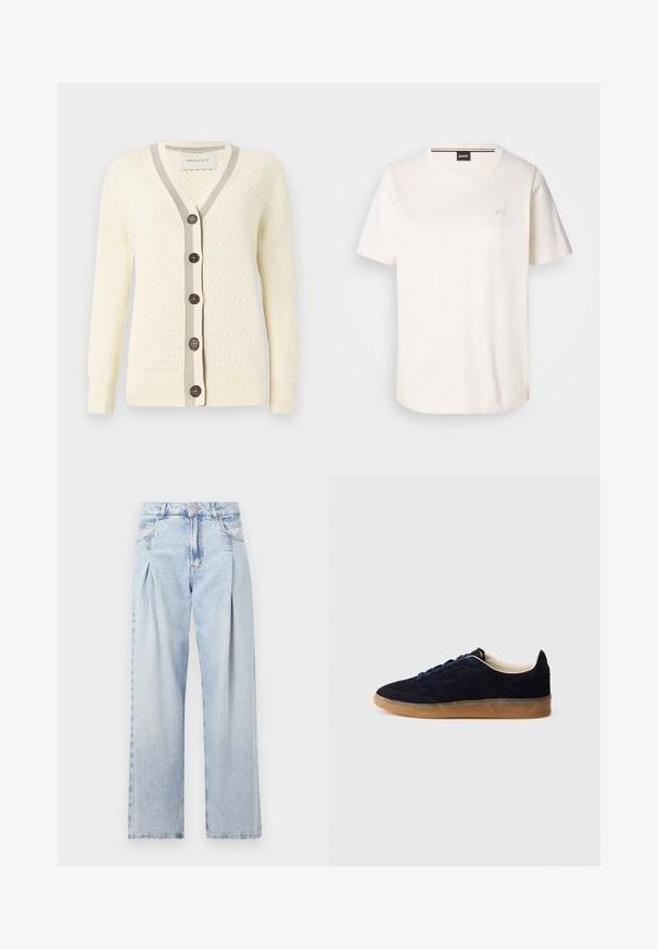 Cream cardigan with a textured pattern, V-neck, contrasting gray ribbed trim, and five dark buttons down the front. Soft fabric, long sleeves.; White cotton t-shirt with short sleeves, round neckline, and a small logo on the chest. Smooth texture and straight hemline.; Light blue denim jeans with a high waist, wide-leg cut, two side pockets, and pleated design feature. Soft texture with a faded finish.; Navy suede sneaker with a gum rubber sole, blue laces, and minimalist design. Features embossed logo on the side and smooth inner lining.
