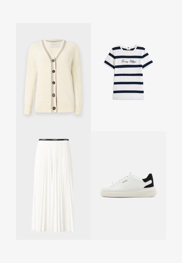 Cardigan crème avec un motif texturé, encolure en V, bord côtes contrastant gris, et cinq boutons foncés sur le devant. Tissu doux, manches longues.; T-shirt en coton avec des rayures horizontales bleu marine sur un fond blanc. "Tommy Hilfiger" brodé en écriture cursive sur la poitrine. Encolure ras du cou.; Jupe plissée blanche avec une taille élastique noire portant le logo "LACOSTE". Design mi-long avec une texture douce.; Baskets en cuir blanc avec une épaisse semelle blanche, un accent en daim noir au niveau du talon et un logo embossé sur le côté. Design à lacets avec six œillets.