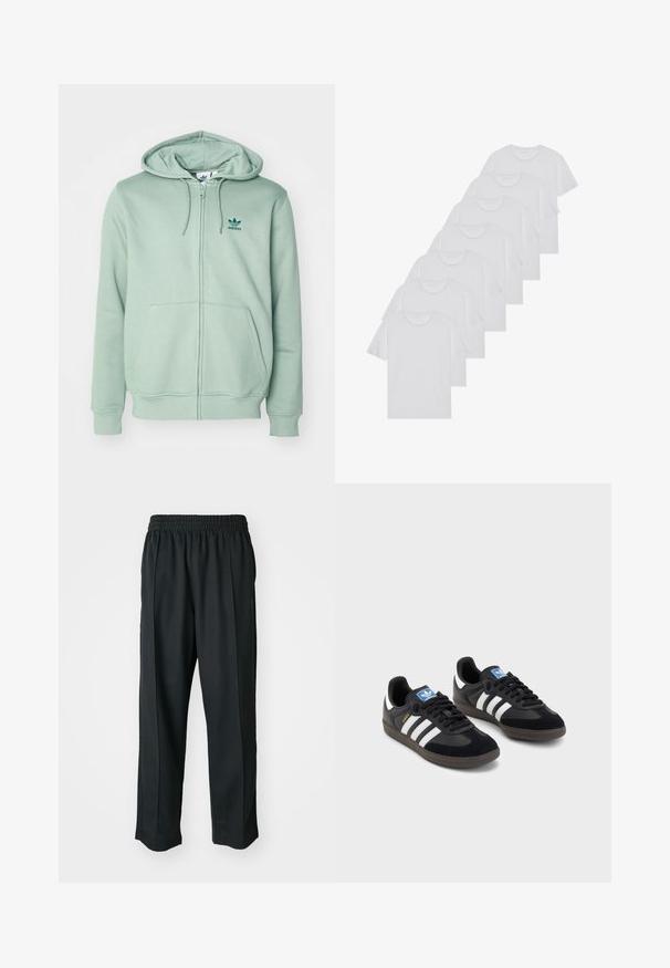 Casaco de capuz verde-claro com fecho éclair, feito de um tecido macio, com capuz, bolsos frontais e um pequeno logotipo da Adidas em verde-escuro no lado esquerdo do peito.; T-shirts brancos de algodão, mangas curtas, design de gola redonda, com textura lisa, empilhados em fila, com uma marcação subtil na gola.; Calças atléticas pretas com um cós elástico, feitas de tecido suave, com costuras laterais discretas e um ajuste descontraído, design de perna reta.; Sneakers pretos com parte superior em camurça e sintético, apresentando três riscas brancas, sola de borracha texturizada e etiqueta azul no linguete.