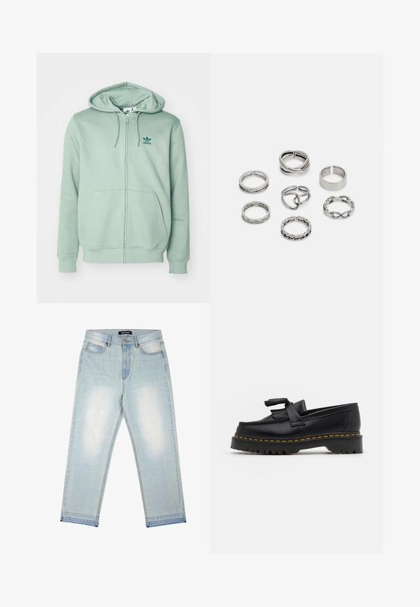 Ljusgrön zip-up hoodie i mjukt material, med huva, fickor fram och en liten mörkgrön Adidas-logga på vänster bröst.; Vita bomull T-shirts, korta ärmar, rundad halsdesign, slät textur, staplade i en rad, med subtil branding vid halsringningen.; Pegador BARROW - Löst sittande jeans - sand washed blue; Svart läderloafer med en tofsdetalj, med en kraftig svart sula och gul söm längs kanten. Strukturerad yta.; Set med sju silverringar med olika mönster, inklusive vridna, länkade och graverade mönster. Olika former och bredder.