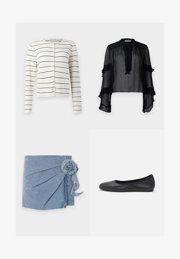 Cardigan bianco con strisce orizzontali nere e motivo a traforato. Presenta un collo rotondo e bottoni simili a perle lungo la parte anteriore.; Blusa nera trasparente con maniche lunghe a ruches e colletto da annodare. Realizzata in tessuto leggero e con una vestibilità ampia, adatta per essere indossata a strati.; Wrap in denim con una tonalità azzurro chiaro, con pieghe intricate e un fiore decorativo con un nastro che penzola. Texture morbida e design informale.; Pantofole da balletto nere in pelle con punta arrotondata, texture liscia, dettagli di cucitura minimi e design con suola flessibile.