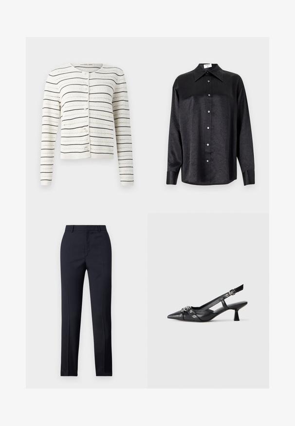 Biely kardigán s čiernymi horizontálnymi pruhmi a otvoreným vzorom. Má okrúhly výstrih a gombíky pripomínajúce perly pozdĺž prednej strany.; Čierna košeľa s dlhým rukávom a golierom, s pokrčenou textúrou, plne gombíkovou prednou časťou a manžetami. Vyrobená z hladkého materiálu.; Námornícke nohavice s rovnými nohavicami, so hladkou textúrou, dvoma prednými vreckami a čistým pásom.; Čierne kožené slingback topánky s špicatou špičkou, ozdobnými popruhmi s kovovými očkami a nízkym blokovým podpätkom. Textúrovaný povrch.