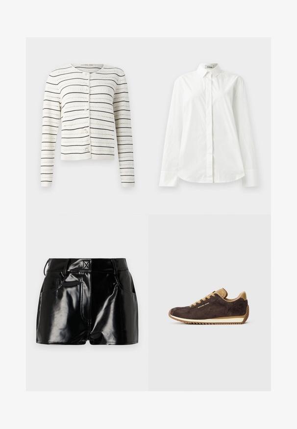Weißer Cardigan mit schwarzen horizontalen Streifen und Lochmuster. Verfügt über einen runden Halsausschnitt und perlenartige Knöpfe entlang der Vorderseite.; Weißes Baumwollhemd mit langen Ärmeln, spitzen Kragen, Knopfverschluss vorne und abgerundetem Saum. Glatte Textur, normale Passform und keine Muster.; Schwarze, glänzende Shorts aus synthetischem Material. Mit einem taillierten Bund, Gürtelschlaufen und vorderen Taschen mit auffälligen Nähdetails.; Braune Wildleder-Sneaker mit beigefarbenen Lederakzenten, runden Schnürsenkeln, beiger Gummisohle und "Michael Kors"-Logo an der Außenseite.
