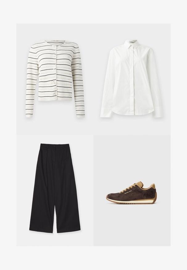 White cardigan with black horizontal stripes and openwork pattern. Features round neckline and pearl-like buttons along the front.; White cotton long-sleeve shirt with a pointed collar, button-front closure, and rounded hem. Smooth texture, regular fit, and no patterns.; Black wide-leg trousers made of a smooth fabric, featuring a high waist, front pleats, a button closure, and a straight silhouette.; Brown suede sneaker with tan leather accents, features round laces, beige rubber sole, and "Michael Kors" logo on the outer side.