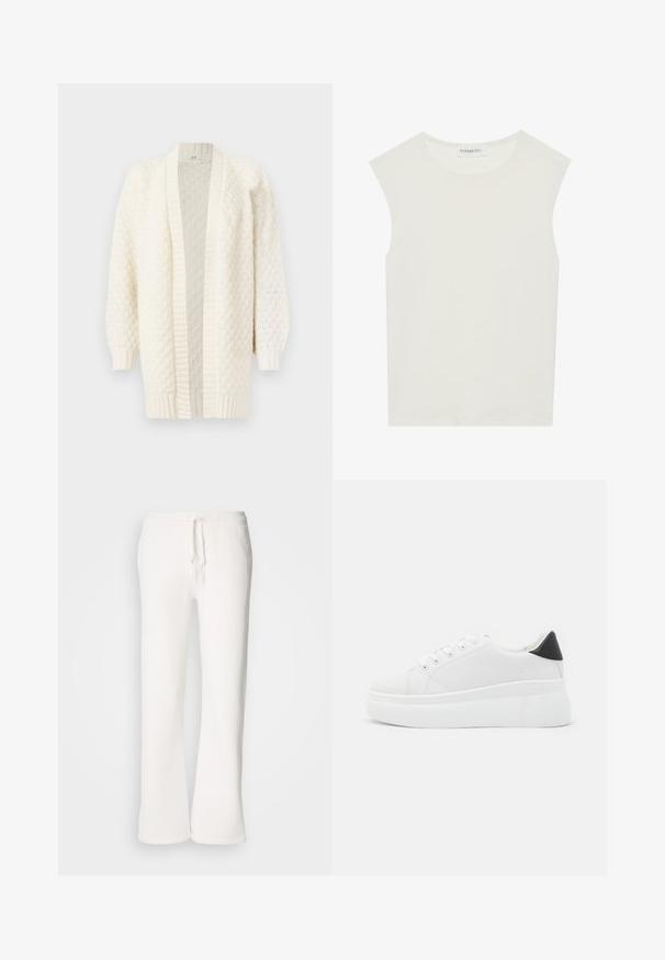Krèmfarvet strikket cardigan med åben front, lange ærmer, ribbede manchetter og kant, med et struktureret mønster hele vejen igennem.; Hvid ærmeløs top med rund halsudskæring. Lavet af glat stof, har den en afslappet pasform og minimalistisk design. Ingen mønstre eller accenter.; Hvide, afslappede sweatpants lavet af blødt materiale, med elastisk talje og snor samt lige ben.; Hvide platform sneakers lavet af glat syntetisk materiale, med en afrundet tå, snørebåndsdesign og en struktureret gummisål. Sorte hæl akcent.