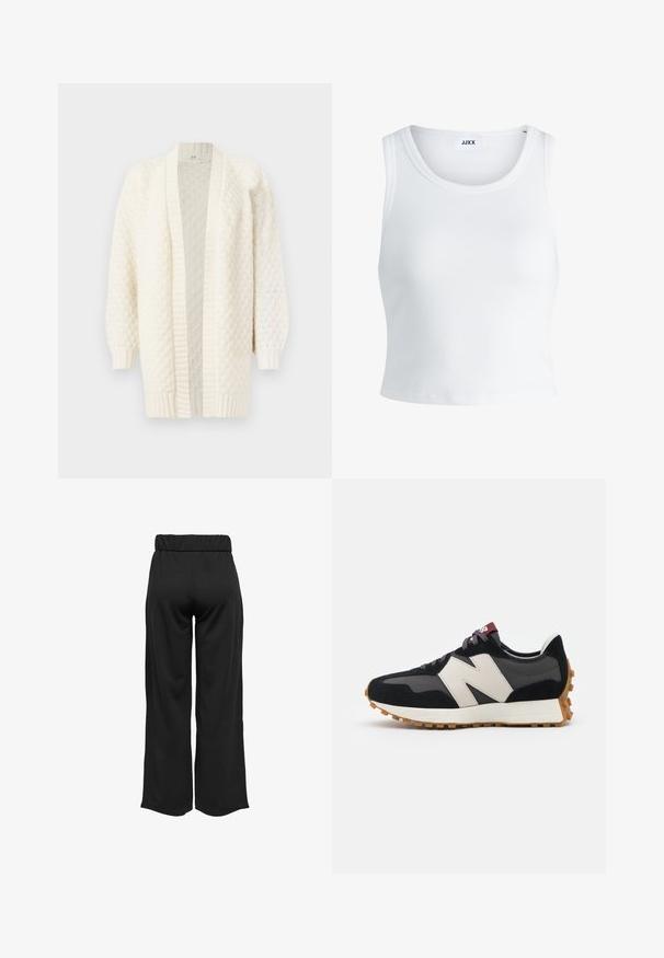 Cardigan tricotat de culoare crem, cu deschidere în față, mâneci lungi, manșete și tiv cu margine fasonată, având un model texturat pe întreaga suprafață.; Top alb cu detalii texturate, cu guler rotund, fără mâneci și lungime scurtă. Eticheta spune "JJXX." Textură de țesătură netedă.; Pantaloni negri, cu croi larg și talie elastică, realizați dintr-un material neted. Au un design simplu, fără buzunare sau detalii de cusătură vizibile.; Adidași din suede negru și gri cu un mare logo "N" de culoare crem, sireturi purpurii și o talpă din cauciuc texturat de culoare gumă.