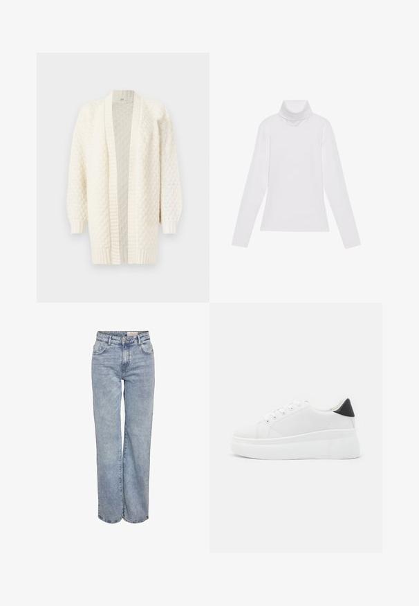 Crèmekleurige gebreide cardigan met open voorkant, lange mouwen, geribbelde manchetten en zoom, met een gemêleerd patroon over het geheel.; Witte lange mouw turtleneck top gemaakt van glad, elastisch materiaal. Voorzien van een hoge kraag en een getailleerd ontwerp, zonder zichtbare patronen of versieringen.; Lichtblauwe wijde jeans gemaakt van denim, met een hoge taille, vijf zakken en subtiele vervaging voor een versleten uitstraling.; Witte platform sneakers van glad synthetisch materiaal, met een afgeronde neus, vetersluiting en een gestructureerde rubberen zool. Zwarte hielaccent.