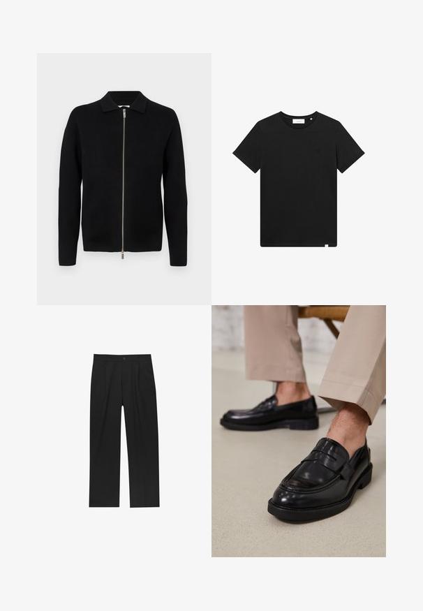Černý pletený kardigan s dlouhým rukávem, se stříbrným předním zipem a malým límcem, vystavený na jednoduchém světlém pozadí.; Černé tričko s krátkým rukávem vyrobené z bavlny, s kulatým výstřihem a malým vyšitým logem na hrudi. Hladká textura, standardní střih.; Černé kalhoty s rovnými nohavicemi, vyrobené z hladké tkaniny. Mají přední záhyby a jedno knoflíkové zapínání v pase.; Černé kožené loafers s hladkým povrchem, zdobené páskem a kontrastním prošíváním, spárované s béžovými kalhotami.
