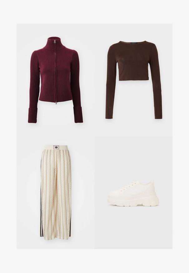 Weekday WINONA ZIP CARDIGAN - Cardigan - dark red; Brun langermet cropped topp laget av glatt materiale, med rund halslinning og tettsittende design. Ingen synlige mønstre eller detaljer.; Kremfargede bukser med brede ben og zigzag-mønster, med en svart logo-linning og svarte striper på siden. Lett, teksturert stoff.; Hvit kanvas sneakers med chunky såle, avrundet tå og fem hull for snøringer. Bakre tab for enkel påkledning. Glatt tekstur, minimalistisk design.