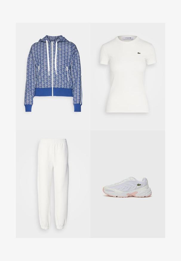 Hoodie azul e branco com padrão, com fecho zip e cordões brancos, bolsos frontais com zip, punhos e bainha canelados, e pequeno logo de crocodilo verde no peito.; T-shirt branca de manga curta, com um decote redondo e um pequeno logótipo de crocodilo verde da Lacoste no lado esquerdo do peito. Fabricado em algodão suave.; Calças de fato de treino brancas feitas de um tecido malha suave. A cintura elástica e os punhos proporcionam um ajuste relaxado. Design minimalista, sem padrões ou acentos visíveis.; Tênis atléticos brancos com um cabedal de malha texturizada, detalhes em rosa suave na sola e um logótipo de crocodilo verde na lateral.