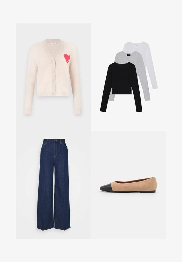 Cardigan bej cu decolteu în formă de V, cu mâneci lungi și un design cu inimă roz pe partea stângă a pieptului. Are cinci nasturi și manșete cu model rib.; Trei bluze cu mânecă lungă așezate: neagră, gri și albă. Fiecare are un guler rotund și un design scurt, realizat dintr-un material fin și ușor.; Blugi din denim întunecat, cu talie înaltă și picioare largi, cu buzunare laterale și pe spate, închidere cu buton și detalii vizibile de cusătură.; Baletă din suede bej cu vârf rotund din piele neagră, toc jos și textură netedă, având cusături minime și un design curat.