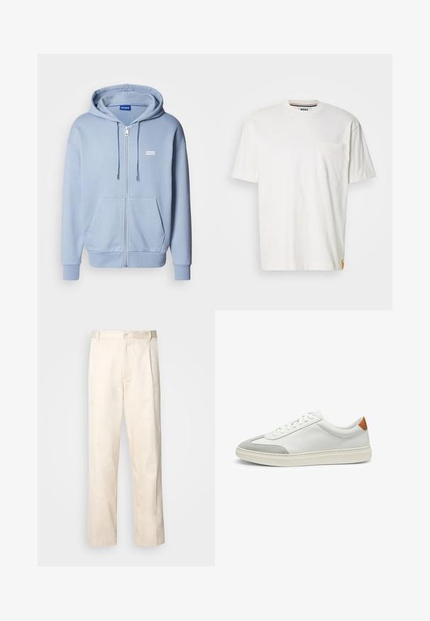 Sudadera con cremallera de color azul claro, confeccionada en un tejido suave, con un bolsillo tipo canguro, capucha ajustable con cordón y un pequeño logo blanco en el pecho.; Camiseta blanca de algodón con cuello redondo, mangas cortas y bolsillo en el pecho izquierdo. Presenta una pequeña etiqueta de logo en la costura lateral.; Pantalones de algodón beige con corte recto, que cuentan con un cierre de botón y pliegues en la parte frontal para un detalle adicional.; Zapatillas de cuero blanco con acentos de ante gris y un refuerzo de cuero marrón claro en el talón. Presentan una superficie texturizada y una suela ligera.