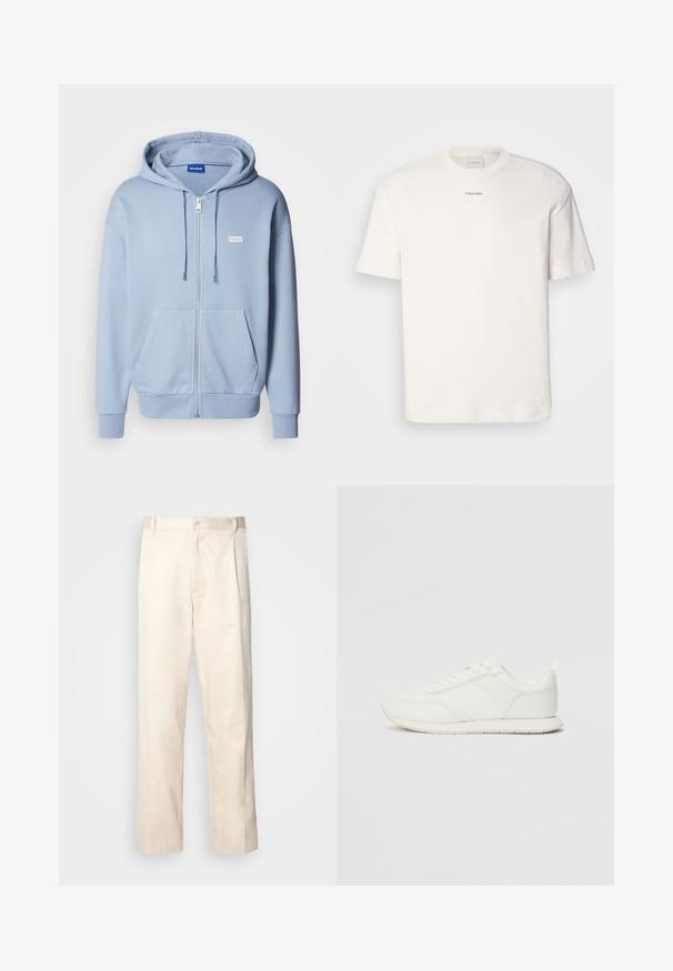 Felpa con zip di colore blu chiaro realizzata in tessuto morbido, con tasca a canguro, cappuccio regolabile con lacci e un piccolo logo bianco sul petto.; T-shirt bianca in cotone con scollo rotondo, maniche corte e logo ricamato "Calvin Klein" al centro del petto. Design semplice.; Pantaloni in cotone beige con taglio dritto, dotati di chiusura a bottone e pence sul davanti per un tocco di dettaglio in più.; Sneaker bianco con tomaia in rete e materiale sintetico, punta tonda, lacciuoli piatti e una striscia laterale testurizzata. Suola in gomma con linguetta sul retro.