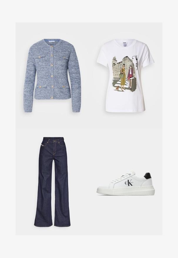 Niebieski kardigan o fakturze z okrągłym dekoltem, długimi rękawami, złotymi guzikami oraz dwiema kieszeniami naszytymi z przodu. Zaprojektowany w dopasowanym fasonie.; Biała bawełniana koszulka z nadrukowanym obrazkiem dwóch kobiet w miejskich stylach mody z psem na przejściu dla pieszych oraz budynkami w tle.; Ciemnoniebieskie dżinsy szerokie w nogawkach wykonane z denimu, z wysokim stanem, z pomarańczowymi przeszyciami, pięcioma kieszeniami i zapięciem na guzik.; Białe sneakersy typu low-top z czarnym paskiem na pięcie, platformą, sznurowadłami i logo "CK" marki Calvin Klein na boku.