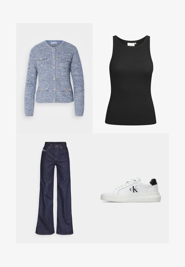 Modrý texturovaný kardigan s okrúhlym výstrihom, dlhými rukávmi, zlatými gombíkmi a dvoma prednými rozšírenými vreckami. Navrhnutý s priliehavým strihom.; Čierny top bez rukávov vyrobený z rebrovanej tkaniny, s výstrihom do tvaru lode a priliehavým strihom. Hladké švy a žiadne ozdoby. Jednoduchý a elegantný dizajn.; Tmavomodré široké džínsy z denimu s vysokým pásom, zdobené oranžovým šitím, päť vreckovým dizajnom a zapínaním na gombík.; Biele nízke tenisky s čiernym pätkovým dielom, platformovou podrážkou, šnúrkami a logom "CK" značky Calvin Klein na boku.