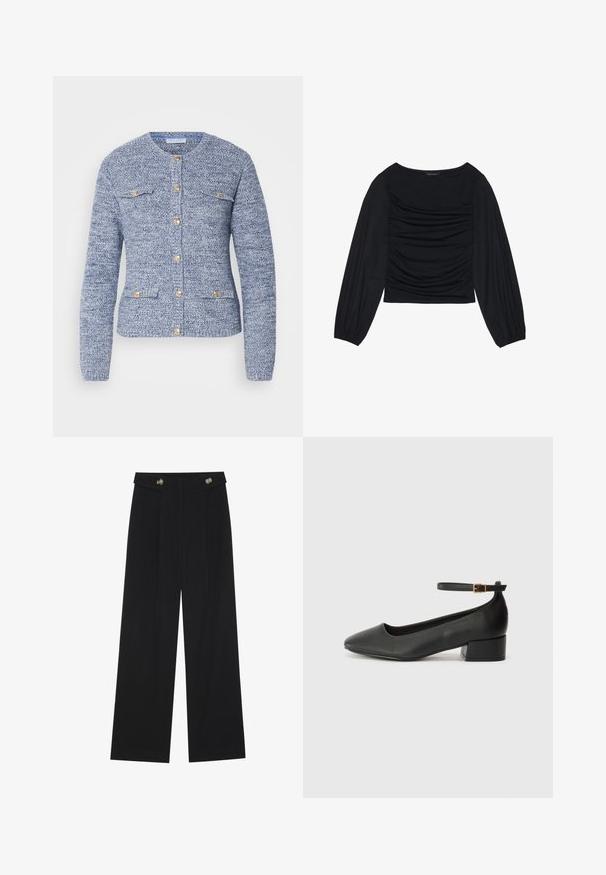 Plavi teksturirani cardigan s okruglim izrezom, dugim rukavima, zlatnim gumbima i dva prednja džepa na zakrpu. Dizajniran s prilagođenim oblikom.; Crna bluzica dugih rukava s naboranim detaljima na prednjem dijelu i na zapešćima, izrađena od mekog, rastezljivog materijala s izrezom u obliku čamca.; Crne hlače širokih nogavica s visokim strukom, s dugmadi na pojasu i prednjim nabora.; Crne kožne pumpe s oštrim vrhom i niskom blok petom. Sadrže remen oko gležnja s zlatnim kopčanjem. Glatka tekstura.