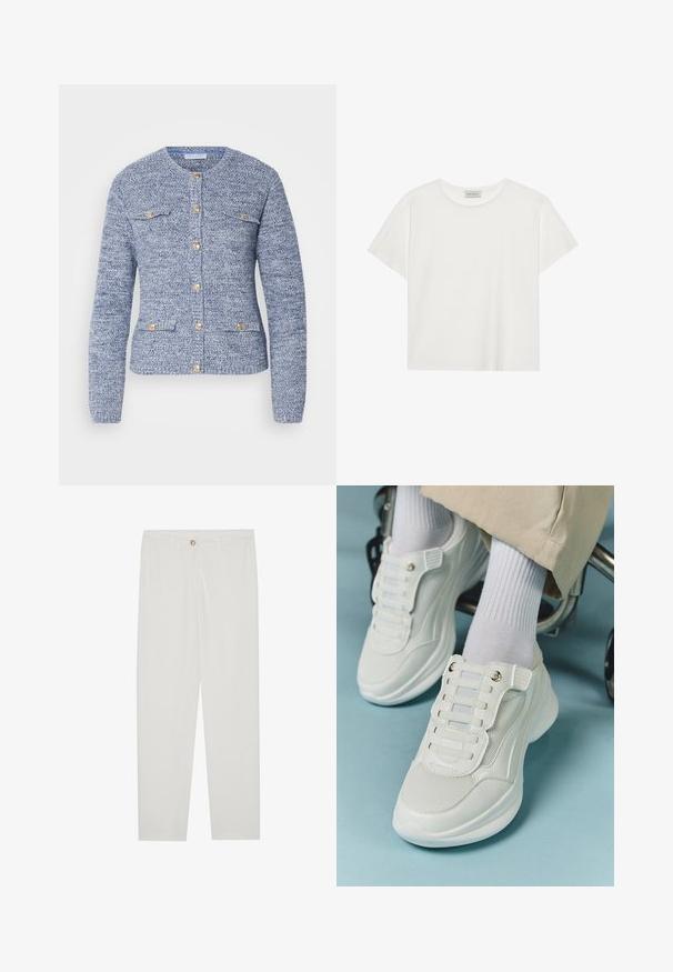 Blauer strukturierter Cardigan mit rundem Halsausschnitt, langen Ärmeln, goldenen Knöpfen und zwei aufgesetzten Taschen vorne. Mit einer figurnahen Passform entworfen.; Weißes T-Shirt mit kurzen Ärmeln aus weicher Baumwolle. Verfügt über einen runden Halsausschnitt und eine lockere Passform. Sauberes Design ohne sichtbare Muster oder Akzente.; Weisse, maßgeschneiderte Hosen mit geradem Bein, die über einen Knopfverschluss, Gürtelschlaufen und Seitentaschen verfügen; glatte Stoffoberfläche.; Weiße Sneaker aus Mesh-Material, mit Gummisohle, schnürfreiem Design mit elastischen Bändern und goldfarbenen Akzenten.