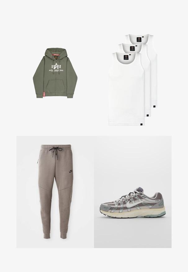 Olivenfarget zip-up hettegenser laget av bomullsblanding. Har en frontlomme, hvit trykt logo og rød accentetikett på kanten.; Tre hvite ribbestrikkede tank topper laget av bomull. Har en rund hals og små svarte etiketter nær kanten. Tilgjengelig i flere størrelser.; Grå Nike joggebukser med snor i midjen, smale ben, sidelommer og distinkte sømdetaljer. Myk, teksturert stoff.; Grå treningssko med overdel i nett og semsket skinn, hvite detaljer, en polstret såle, og et særpreget design med reflekterende elementer.