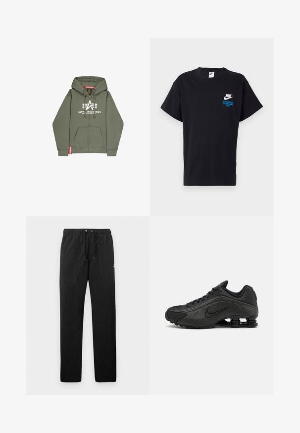 Olivenfarget zip-up hettegenser laget av bomullsblanding. Har en frontlomme, hvit trykt logo og rød accentetikett på kanten.; Svart bomulls T-skjorte med korte ermer, med hvit Nike-logo og blå tekst "AUTORISERT PERSONELL KUN" foran.; Sorte joggebukser laget av fleece, med elastisk liv med snøring, to frontlommer og en liten logo på låret.; Sorte joggesko med en glatt syntetisk overdel, perforerte detaljer, teksturerte sidepaneler og en distinkt fjærende såle.