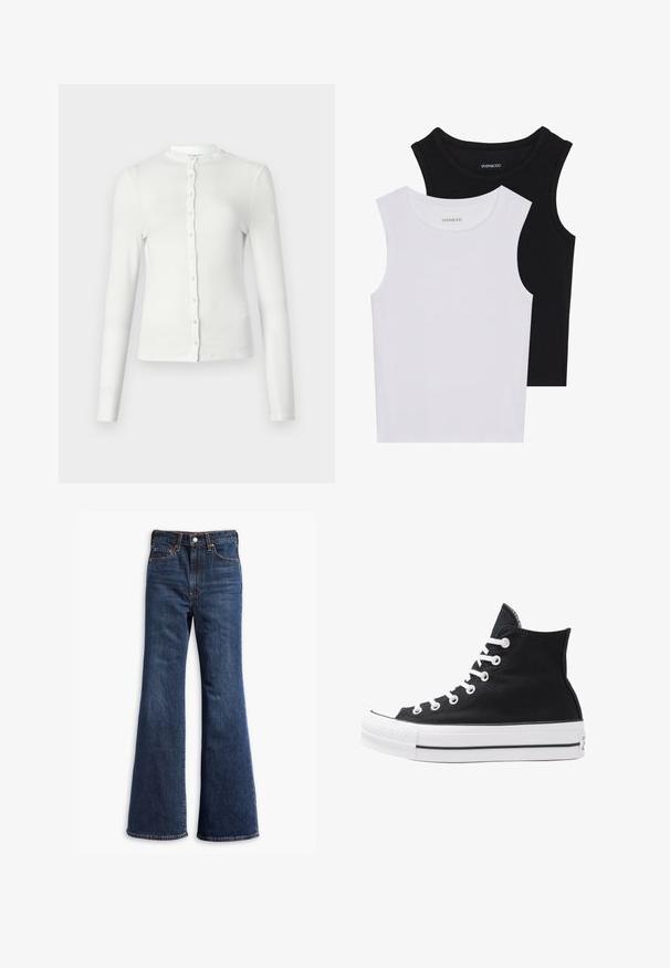 White long-sleeve ribbed cardigan with a round neckline and a row of small, matching buttons down the front. Soft texture, slim fit.; Two sleeveless tops in black and white, made of ribbed cotton, featuring round necklines and a fitted design. Labels visible on both.; High-waisted dark blue denim jeans with flared legs, front button and zipper closure, and five-pocket design.; High-top black canvas sneaker with white eyelets, laces, and rubber sole. Features a textured toe cap and black and white stripe accents.