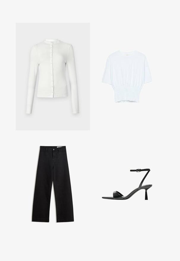 Helle langärmlige, gerippte Strickjacke mit Rundhalsausschnitt und einer Reihe kleiner, passender Knöpfe auf der Vorderseite. Weicher Stoff, figurbetonter Schnitt.; Weißes T-Shirt mit kurzen Ärmeln, lockerer Passform und gerafftem Stoff an der Taille. Aus weichem, leichtem Material gefertigt.; Schwarze weit geschnittene Jeans mit hoher Taille, ausgestattet mit Vorder- und Hintertaschen, gesteppten Nähten und einem Knopfverschluss. Glatte Textur.; Bershka High Heel Sandalette - black