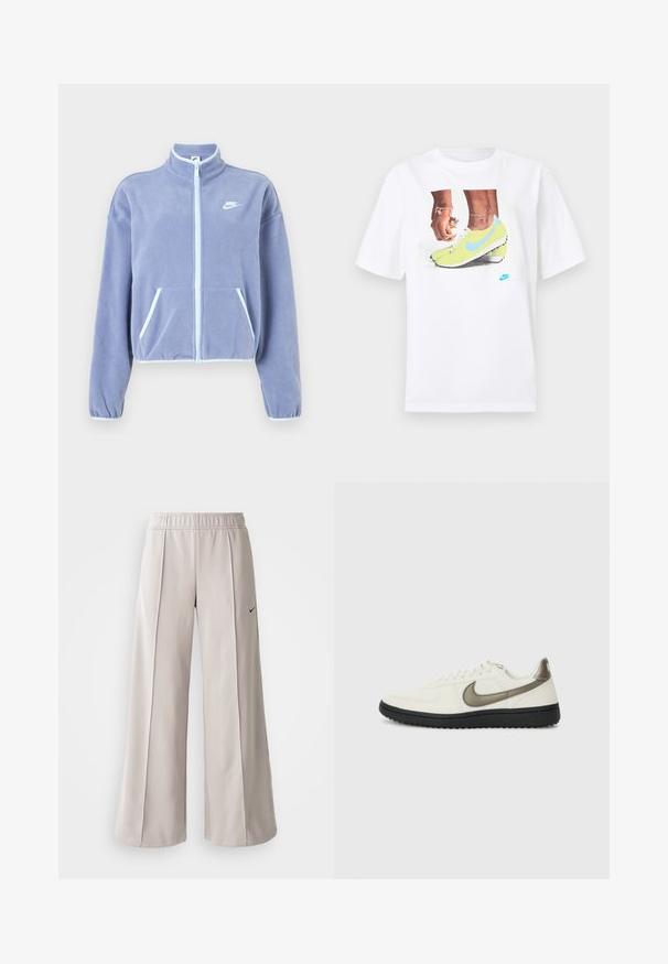 Lys lilla fleecejakke med høy krage, frontlomme, to lommer, og hvite detaljer langs glidelåsen og kanten. Nike-logo på brystet.; Hvit bomull t-skjorte med et grafisk motiv av føtter i gule Nike fotballsko med blå detaljer, kombinert med et armbånd på venstre håndledd.; Lys grå vide bukser lavet af glat stof. Har en elastisk talje og sort Nike-logo på venstre side.; Nike Sportswear FIELD GENERAL - Joggesko - off-white/black