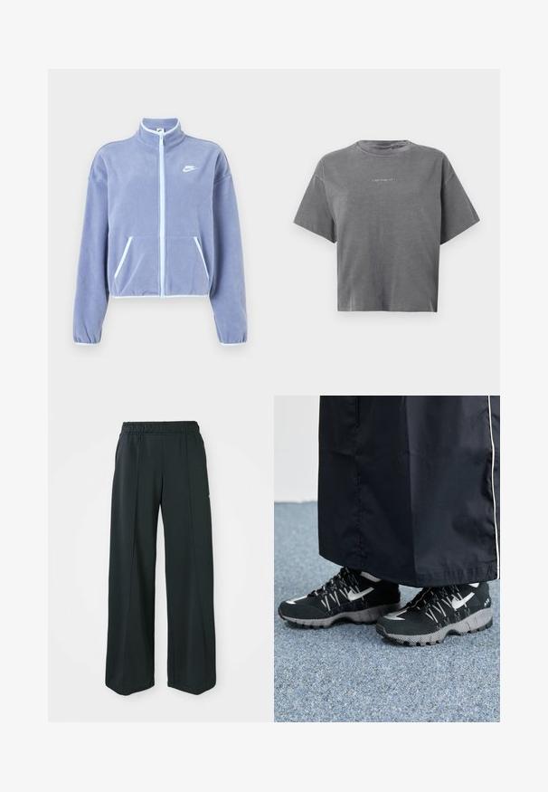 Svetlo vijoličasta flis jakna z visokim ovratnikom, sprednjim zadrgo, dvema žepoma in belimi detajli ob zadrgi in robu. Nike logo na prsih.; Siv kratkih rukava skrajšan majica s okruglim izrezom i malim središnjim bijelim logom "carhartt" sprijeda.; Črne široke športne hlače z elastičnim pasom. Narejene iz gladkega, raztegljivega materiala, z diskretno sprednjo šivanko in brez žepov.; Črne športne čevlje z teksturirano zgornjimi deli, srebrnimi odtenki in z vzorčenim podplatom, v kombinaciji z dolgim črnim oblačilom. Postavljeno na modrem preprogo.