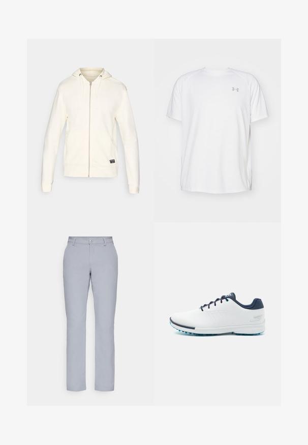 Bijela zip-up dukserica s kapuljačom na šnoru, rebrastim manžetama i donjim rubom, te bočnim džepovima. Glatka tekstura s malim logom na prednjem dijelu.; Bijela atletska majica kratkih rukava od glatkog materijala. Ima okrugli izrez i sivi logo na lijevoj strani prsnog koša, s bočnim prorezima na rubu.; Svijetlosive hlače ravnog kroja, s kopčanjem na gumbe, prednjim džepovima i glatkom, teksturiranom tkaninom. Minimalistički dizajn, bez uzoraka.; Bijele atletske cipele s glatkim sintetičkim gornjim dijelom, plavim naglascima, teksturiranim tamnoplavim petom i laganim, šiljastim potplatom za prianjanje.