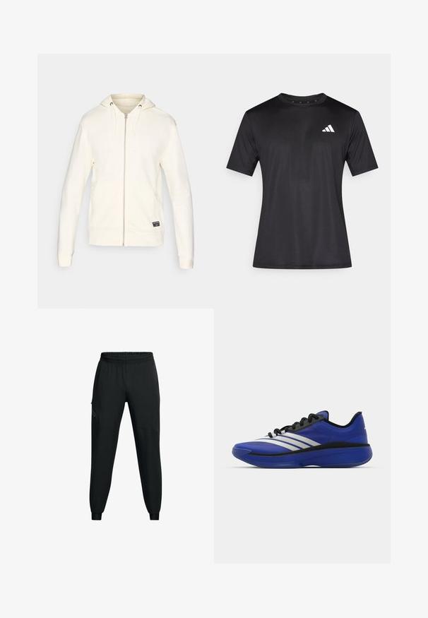 Balts zip-up pūkains ar kapuci un auklu, ribotu piedurkņu un apakšmalu, kā arī sānu kabatām. Gluda struktūra ar mazu logotipa uzlīmi priekšpusē.; Melns sporta t-krekls no viegla tīklenes auduma, ar īsām piedurknēm un baltu logotipu kreisajā krūšu daļā.; Melni sporta bikses ar elastīgu jostu, sašaurinātu kāju dizainu, sānu kabatām un kontrastējošām paneļu detaļām. Viegls, gluds audums.; adidas Performance ADIZERO SELECT 3.0 - Basketbola apavi - lucid blue/core black/metallic
