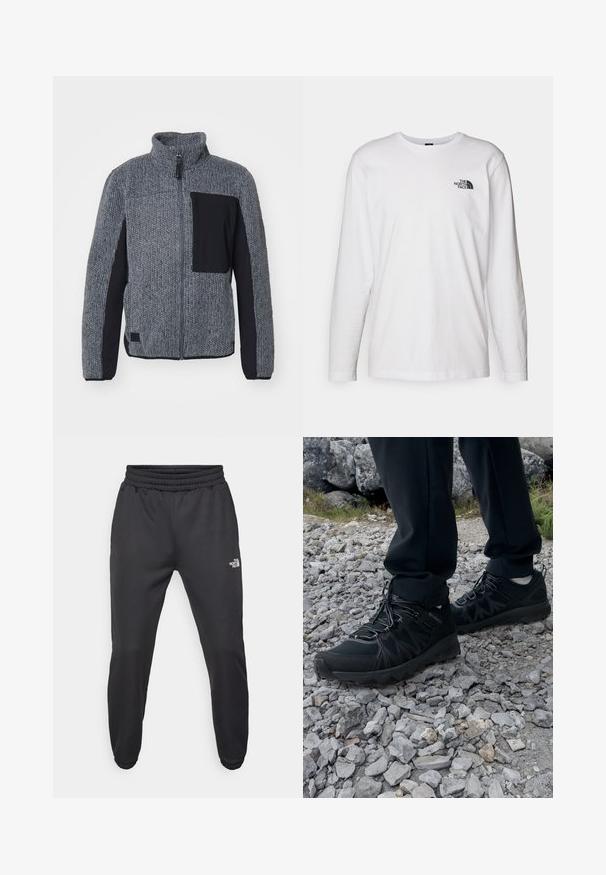 Gray knit jacket with a textured body, black sleeves, and a chest pocket. Features a high collar and a front zipper.; White long-sleeve T-shirt made of cotton with a crew neck. Features a small black logo on the chest. Smooth texture, regular fit.; Black sweatpants with a drawstring waist, tapered fit, elastic cuffs, and a small white logo on the left thigh, made from smooth fabric.; Black outdoor shoes with mesh and synthetic material, featuring a textured upper, secured lacing system, and a rugged outsole, on rocky terrain.